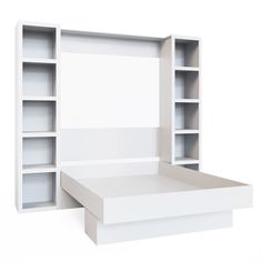 an empty white bookcase with shelves on both sides