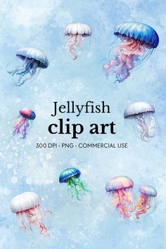 jellyfish clipart with different colors and sizes on the bottom, in blue water