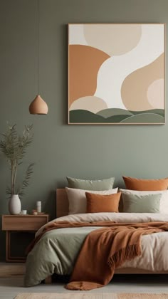 a bedroom with green walls and a large painting on the wall above the headboard