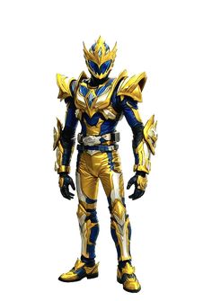 a man in yellow and blue armor standing with his hands on his hips