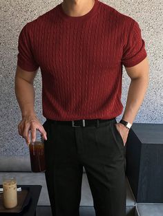 Red Casual Collar Short Sleeve Fabric Plain  Embellished Slight Stretch  Men Clothing Casual Chic Mens Outfit, Men’s Red Sweater Outfit, Spring Wear Men, 20 Year Old Male Fashion, Man Italian Style, Summer Men Clothes, Korean Business Fashion Men, Mens Sunday Best Outfit, Italian Clothes Style