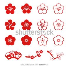 red and white japanese paper cut designs with flowers, leaves and scrolls on the side