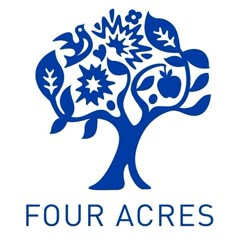 the four acres logo is shown in blue and white, with leaves on it