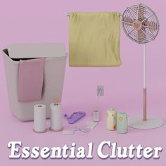 an assortment of items are displayed on a pink background with the words essential clutter