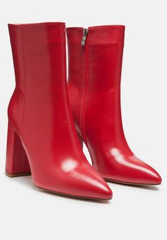 Red Block Heels, Casual Winter Boots, Red Leather Boots, Soft Leather Boots, Red Booties, Statement Shoe, Block Heel Boots, Red Heels, Leather Boot