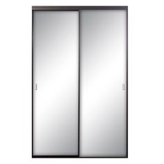 an open sliding door with mirrored glass on the doors and side panels, in black frame