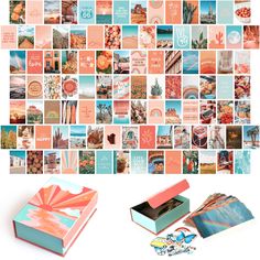 a collage of photos with an open box and several other items in it, including cards