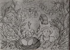 a drawing of two people and a bird in the woods with their nests full of eggs