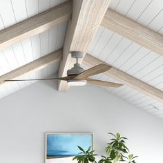 a living room with a ceiling fan and white walls