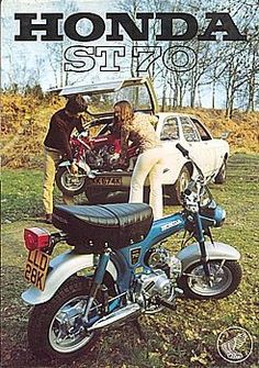 an advertisement for the honda st10 motorcycle with two people standing next to it and a car in the background