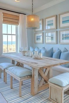 Dining Room With Table Against Wall, Sunroom With Dining Table And Sitting Area, Nautical Kitchen Table, Beach House Decor Dining Room, Lake Dining Room, Beach Home Dining Room, Beach Theme Dining Room Table, Coastal Dining Nook, Beach House Interior Dining Room