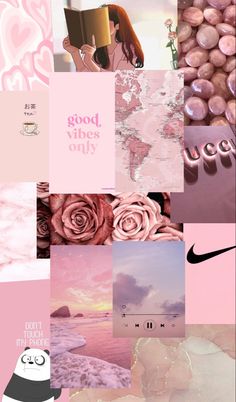 a collage with pink and purple images, including roses, clouds, hearts, and the words good vibes only