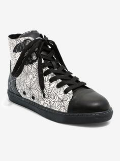 Spin a web in these scary cute hi-top sneakers! Featuring black and white contrast paneling with spiderweb designs. Comes with bat wing detailing on the D-rings. Listed in women's sizes.Polyurethane upper; rubber soleImported Spiderwebs On Converse, Cobweb Shoe, Spiderweb Designs, Spiderweb Shoes Converse, Black High-top Sneakers With Spikes, Black Spiked High-top Sneakers, Black And White Contrast, Scary Cute, Disney Valentines