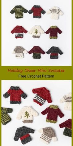 knitted sweaters and mittens with text that reads holiday cheer mini sweater free crochet pattern