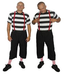 two men in jail clothes with suspenders and striped socks