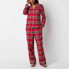 This Liz Claiborne women's flannel 2-piece pajama set is a stylish, cozy must-have for the holidays or colder months. Crafted from 100% cotton in a plaid pattern, the set includes a long-sleeve pajama shirt and a pair of matching drawstring pants with pockets. # Pieces In Set: 21st Piece Description: Top1st Piece Collar: Notch Collar1st Piece Pockets: 1 Chest Slip Pocket(s)1st Piece Apparel Length: 26 Inches1st Piece Fabric: Flannel1st Piece Fiber Content: 100% Cotton, 2% Other 5% Or Less1st Pie Womens Flannel, Christmas Pajama Set, Family Christmas Pajamas, Matching Family Pajamas, Flannel Women, Pajama Pant, Womens Pyjama Sets, Family Pajamas, Notch Collar