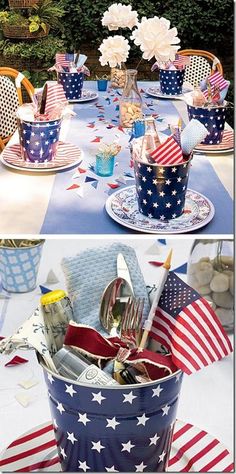 an outdoor table is decorated with patriotic dishes and utensils