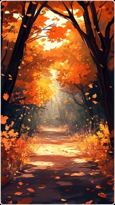 a painting of a path through an autumn forest