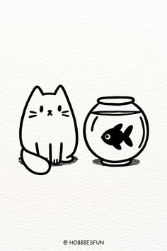 Cute Easy Cat Drawing Idea, Cat and Fishbowl Fat Cat Drawing, Cute Cat Drawing Easy, Cat Drawing Ideas, Cat Face Drawing, Cat Template, Soft Features, Kitten Drawing, Doodle Characters, Adorable Creatures