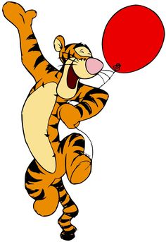 a cartoon tiger holding a red ball in it's mouth and jumping up into the air