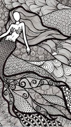 a black and white drawing of a mermaid swimming in the ocean with waves on it's back