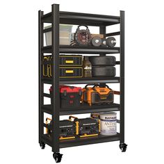 a black shelving unit with tools and other items on it's wheels,