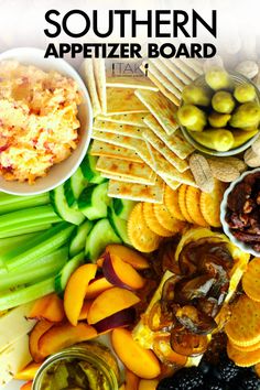 An overhead shot of sliced cucumbers, peaches, and celery.  In bowls are pimento cheese, okra, candied pecans and cream cheese topped with candied jalapenos. Southern Soiree Party, Southern Bbq Appetizers, Southern Appetizer Recipes, Southern Appetizers For Party Easy, Book Club Snacks Appetizers Finger Foods, Southern Snacks, Southern Party Food, Southern Charcuterie Board, Southern Appetizers For Party