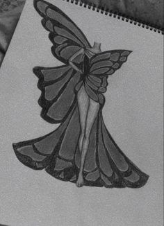 a drawing of a woman in a butterfly dress