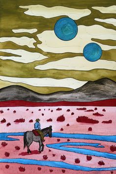 a painting of a man riding a horse in the desert with two blue balls above him