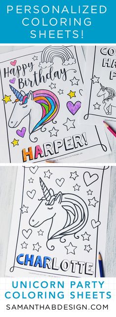 unicorn party coloring sheets with the text, personalized and printable for kids to color