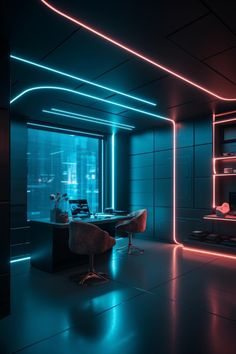 a room with neon lights and a desk in the middle, along with a large window