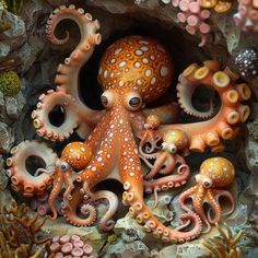 an octopus and other sea creatures in a cave