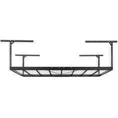 an empty metal shelf with three shelves on each side and two lights above the top