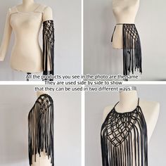 four different views of a mannequin's torso with fringes on it