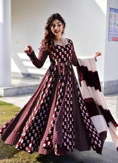 "We bring to you this hand block printed long size anarkali kurta- top- Gown dress for Young Girls & Women. This full size designer kurta - Gown has stylish square neck with graceful tassels and long sleeves.  This beautiful long size kurta-tunic is made of rayon fabric so it will be comfortable and stylish. Increase your wardrobe collection as you wear this versatile gown from the house of Jaipur Hightech. Give yourself a best ethnic look by wearing this anarkali kurta - dress made in India, this is Regular-Fit and Formal gown. This is light weight rayon material women Kurta top long dress and it will be soft on your skin.  This Anarkali Rayon Gown With Cambric Cotton Scarf,  Bottom wear is not included, this is photography purpose only. This is perfect with Pant / Jeans / Trouser / Palaz Anarkali Kurta Designs, Anarkali Ideas, Kurta With Skirt, Plazzo Set, Silk Kurtas, Kurta With Dupatta, Gown Indian, Printed Kurtis, Rayon Kurtis