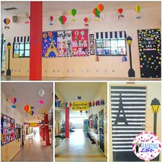 there are many different pictures on the wall in this school hallway, and one is decorated with balloons