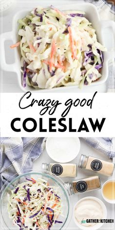 cabbage coleslaw in a white bowl with carrots and dressing on the side