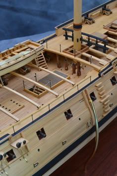 a wooden model of a boat on display