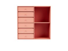 a pink shelf with five drawers and three shelves on the bottom one is open to reveal an empty space