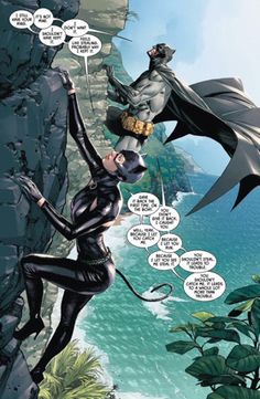 the batman and catwoman are on top of a cliff, talking to each other