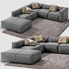 two pictures of a couch and ottoman with pillows on the bottom, one in grey