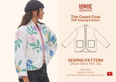 a woman wearing a jacket with flowers on it and the text sewing pattern below her