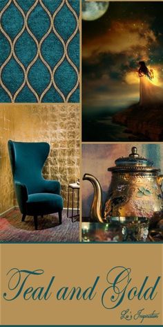 teal and gold collage with blue chair, coffee pot, wallpaper and other items