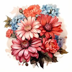 a bouquet of flowers painted in watercolor on a white background with blue, pink and orange colors