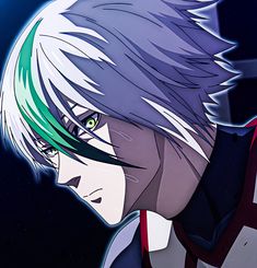 an anime character with white hair and green eyes looking at the camera while standing in front of a dark background