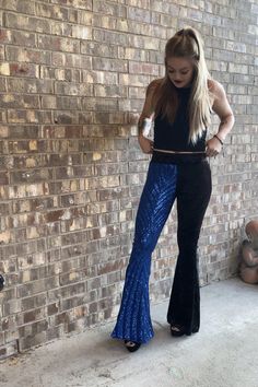 Crushed velvet and blue sequin split leg flared pants. They are mid rise,  very soft, and stretchy. The sequin leg is lined (preventing the scratchiness associated with sequins!) keeping this pants super comfortable for wearer. I do have more of of all fabrics used to create these pants so if you don't see your size, message me for a commission piece! Blue Sequin Pants, Sequin Pants, Womens Trousers, Split Legs, Womens Pants, Pants Blue, Flared Pants, Stretch Pants, Crushed Velvet