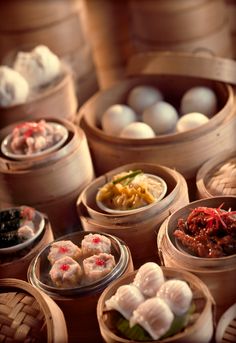 several baskets filled with different types of food