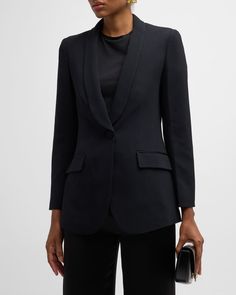 Get free shipping on Emporio Armani Essentials One-Button Blazer Jacket at Neiman Marcus. Shop the latest luxury fashions from top designers. Emporio Armani Women, Armani Black, Made In Romania, Long Sleeve Outerwear, Single Button Blazer, Womens Blazers, Blazer Buttons, Black Blazers, Wool Blazer