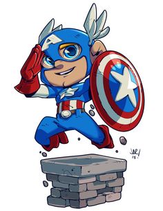 captain america flying over a brick wall with his hands in the air and holding a shield