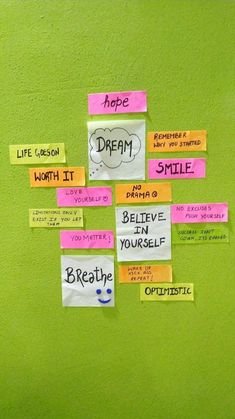 a green wall with sticky notes attached to it and the words dream written on them